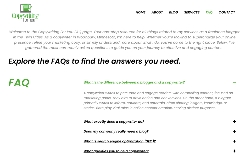 Screenshot of FAQ page from Copywriting For You website