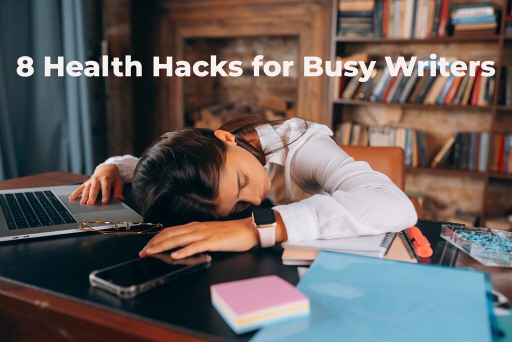 Woman falling asleep at desk. Represents Balancing Blogging and Well-being: 8 Health Hacks for Busy Writers Image by Teksomolika on Freepik.