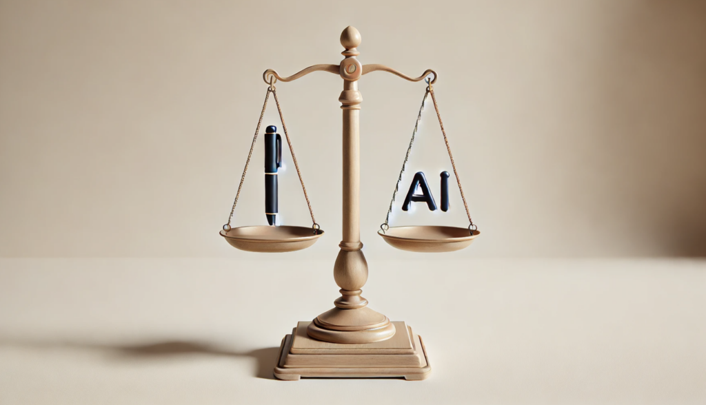 Balancing scale illustration with a pen on one side, representing traditional human writing, and an AI icon on the other, symbolizing artificial intelligence. The scale is balanced, conveying the idea of finding equilibrium between using AI and maintaining the human touch.