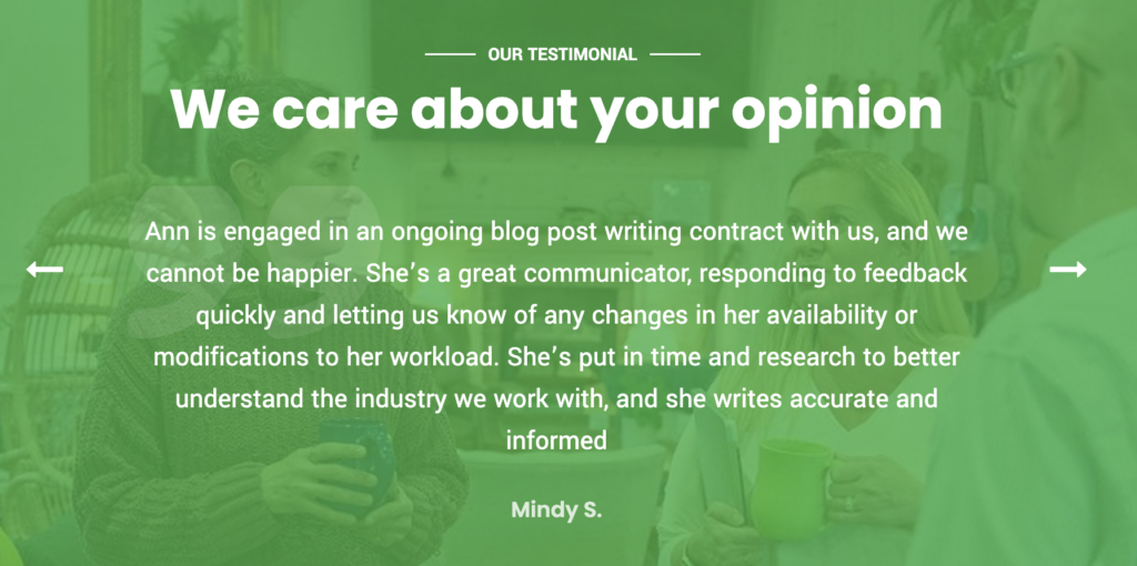 Screenshot of client testimonial from Copywriting For You website.