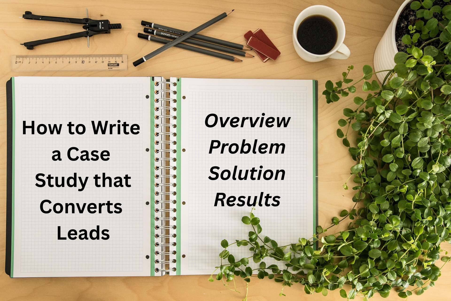 Open notebook on table. Page on left says, "how to write a case study that converts leads."